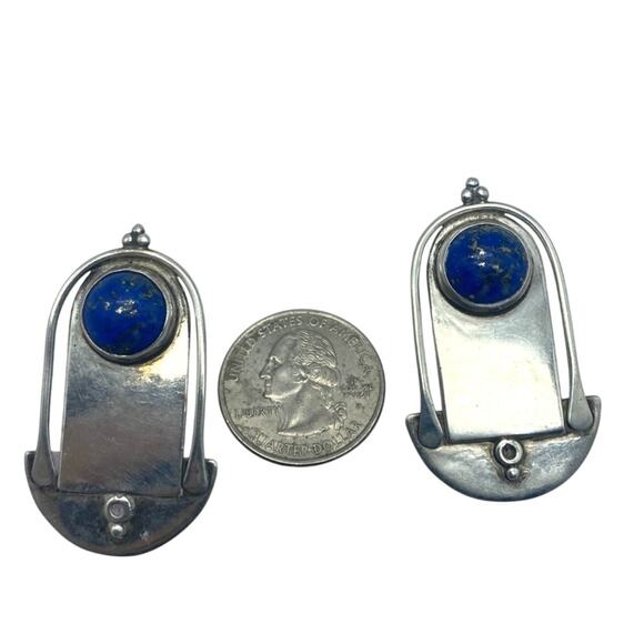 Modernist Sterling and Lapis Lazuli Katherine Palmer pierced Earrings‎ signed - Picture 6 of 7